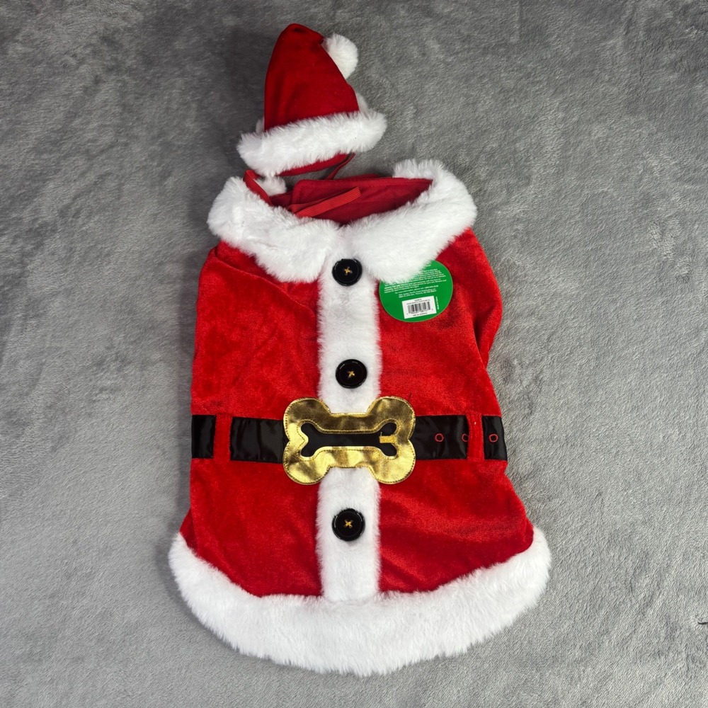 Merry & Bright Santa Dog‎ Costume Medium Red White Faux Fur Bone Buckle Holiday